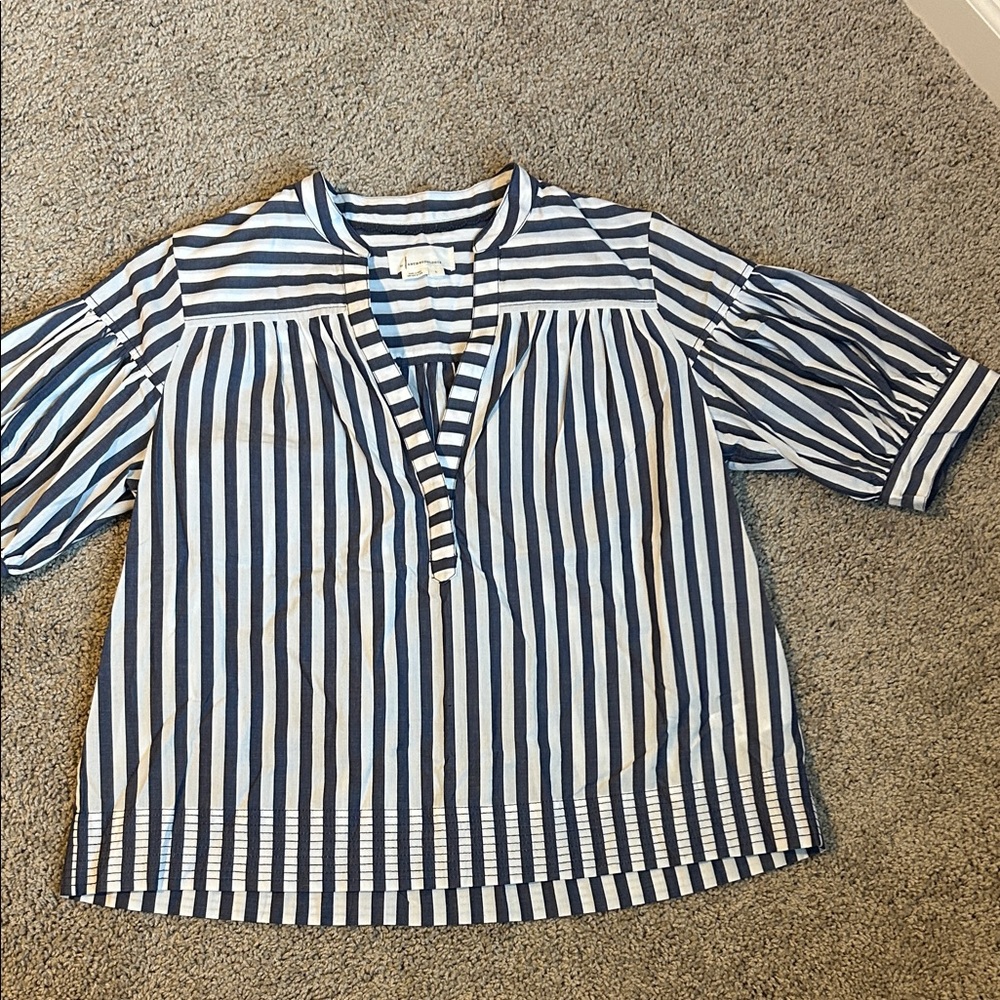 Anthropologie Navy and White Striped Popover Blouse